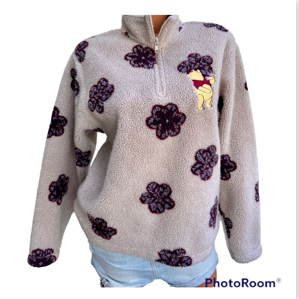 Vtg Disney Store Winnie the Pooh Zip Fleece Pullover Fuzzy Embroidered Sz M